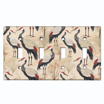 Metal Light Switch Plate Cover; US Standard Size 4 Gang Toggle - Red Crowned Cranes