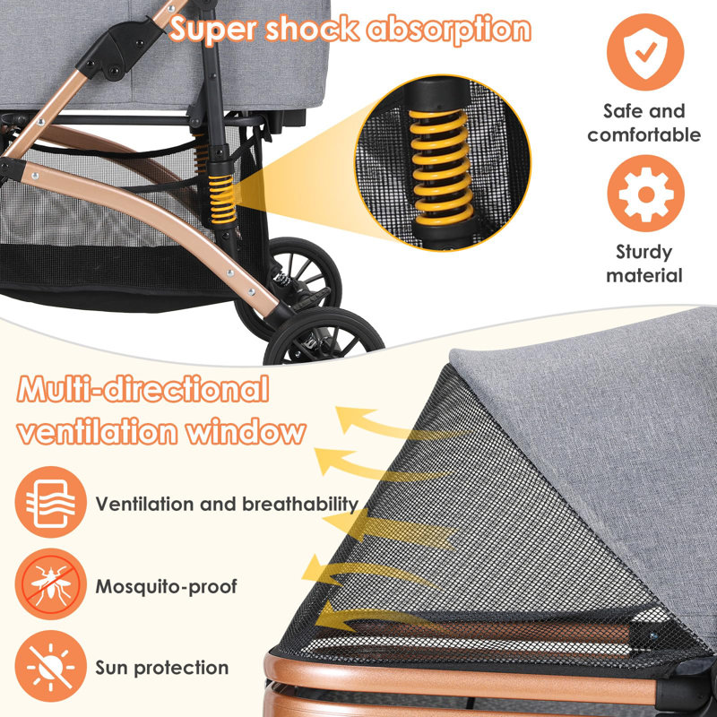 Foldable Pet Stroller, Grey/Gold