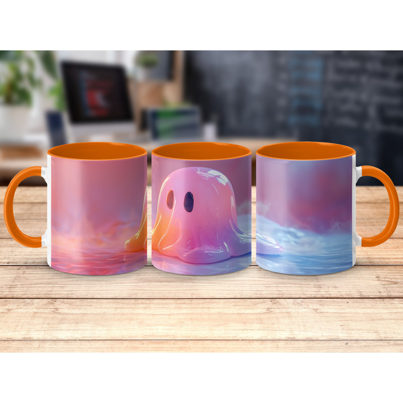 3D Design 11oz Accent Mugs – Ceramic Coffee Cup with an Orange Handle and Interior