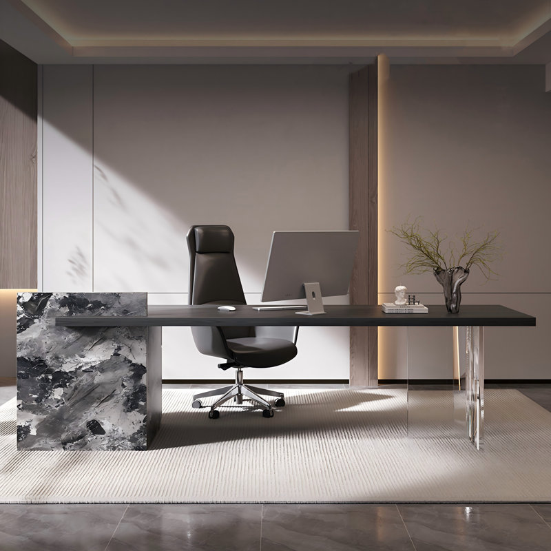 Bureau de direction rectangulaire noir en pierre frittée avec cabinet, H 29,53 po x l 78,74 po x P 31,50 po