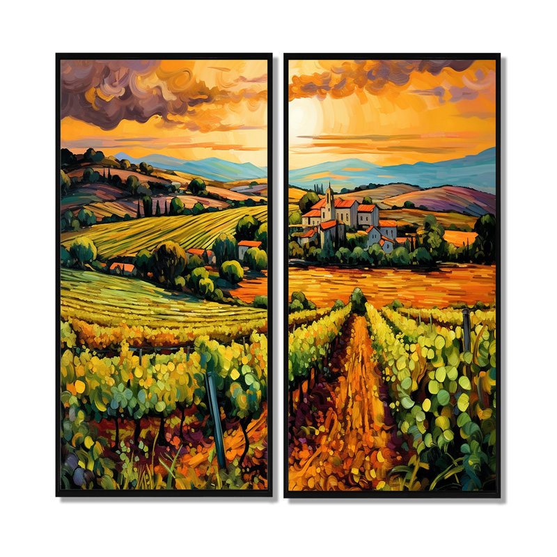«Vangogh Sunlit Vineyard I», art mural jaune, 40" H x 40" W, Floater Framed Print without Mat, Black