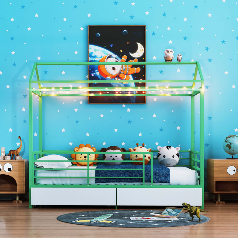 Lit de maison en forme de maison pour enfants avec structure de toit, lit pour tout-petits de style Montessori pour garçons et filles, sans sommier tapissier, vert