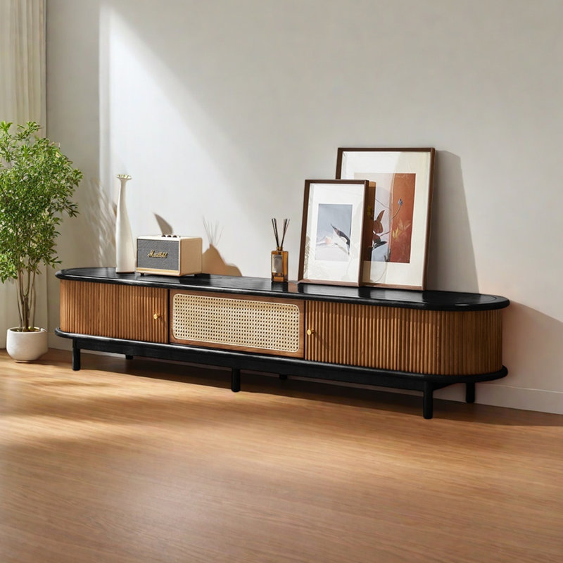 Meuble télé en bois de frêne de haute qualité avec tiroir en rotin, H 14,96 po x L 82,67 po x l 16,53 po, Brun / Noir