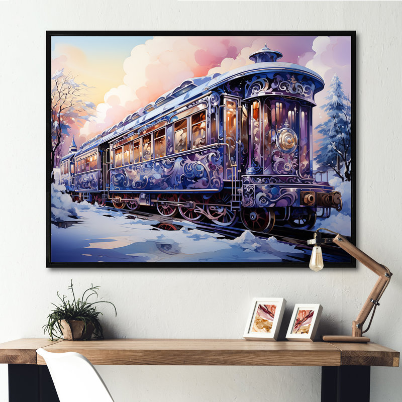Voyage de Noël en train II - train, art mural, Cadre flottant noir, H 16 po x l 32 po x P 1 po