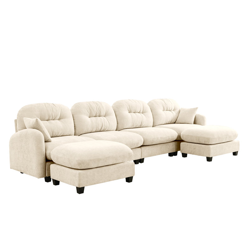 Braegger Modular Sectional Sofa with Chenille Fabric and Tufted Backrest Design, Beige Chenille, 36.6" H x 140" W x 34.2" D