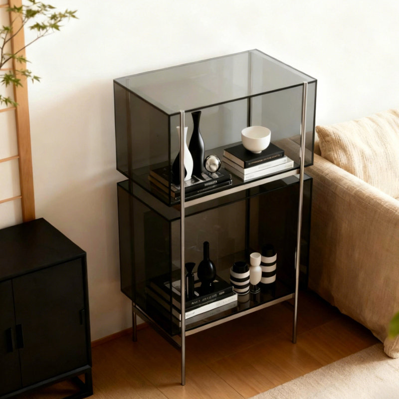 Acrylique gris + vitrines en acier inoxydable, Gris