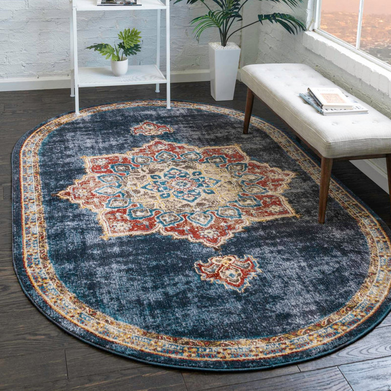 Tapis bleu marine d'inspiration persane Lieveke, Ovale 5 pi x 8 pi