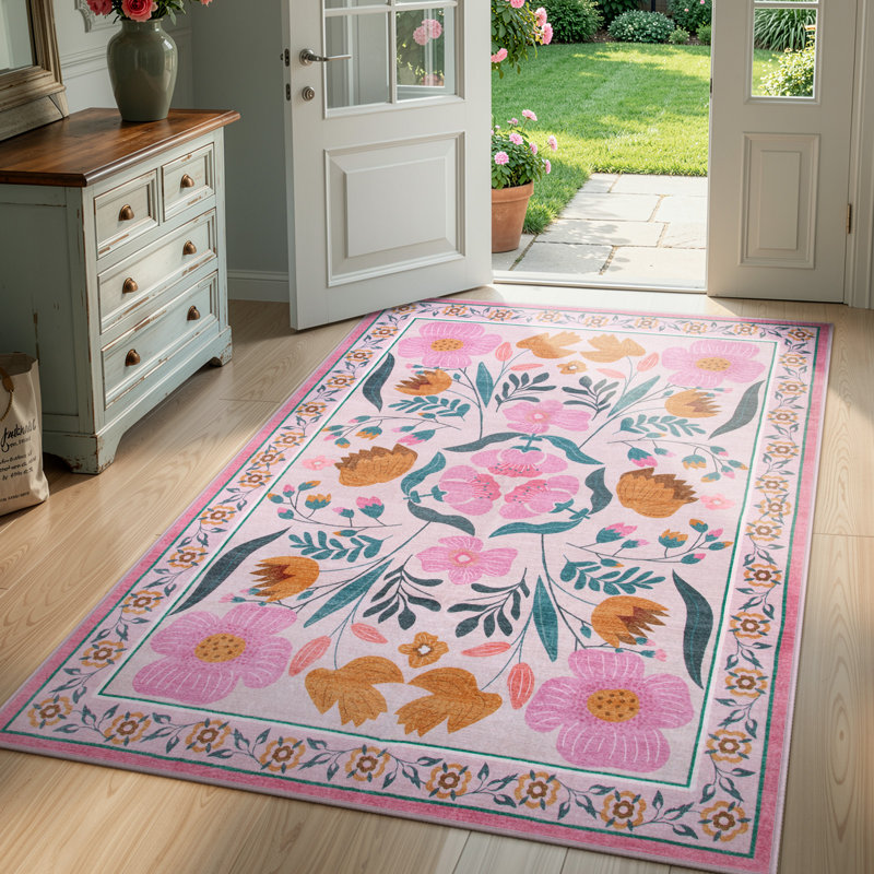 Tapis lavable à motif floral rétro avec envers antidérapant Kaidi, Rectangle 5 pi x 7 pi