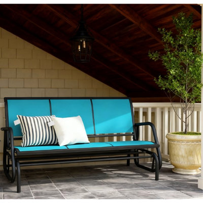 Outdoor Glider Bench, 3 - Person Seating, Mesh For Breathability, Metal Frame, Blue, Quiet Glide, Fits Poolside And Backyard, 57.9" L X 27.6" W 33.5" H, 660 Lbs Load Patio Swing With Seats,