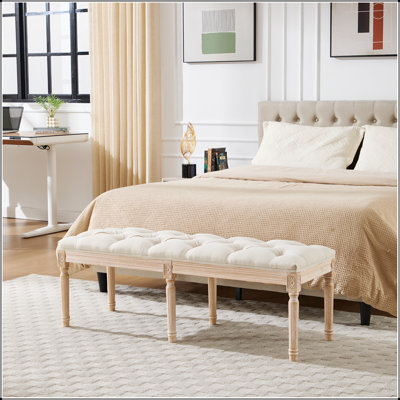 French Vintage Tufted Bedroom Bench with Distressed Wood Legs, Linen Upholstered Ottoman for Multi-Use in Living, Foyer, and Dining Areas