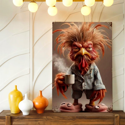 Funny Rooster In Pajamas Holding Coffee Cup Surreal Animal Canvas Wall Art Print, Coordinated Color Funny Surreal Poster Artwork For Kitchen Decor, Gallery Wall Accent, Modern Home Decor