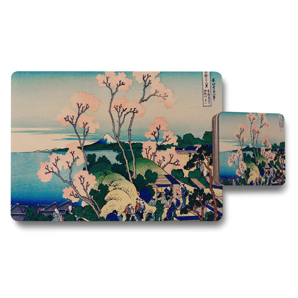 Ukiyoe Style Placemat and Coaster Set With Cherry Blossoms and Mount Fuji