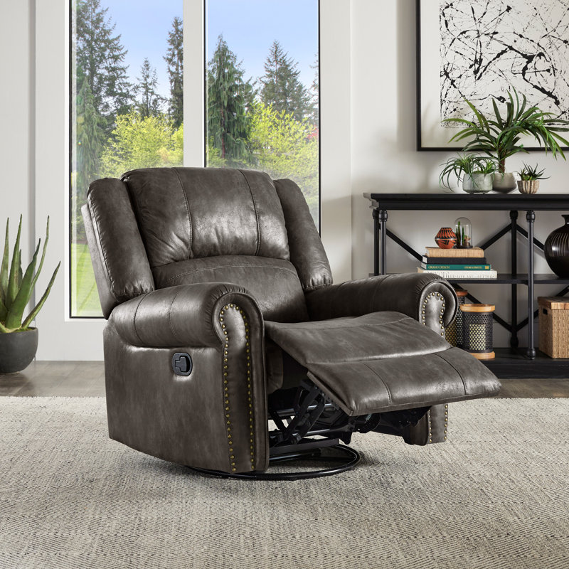 Doniphan Bellflower Polished Microfiber Nailhead Swivel Glider Recliner, Gray