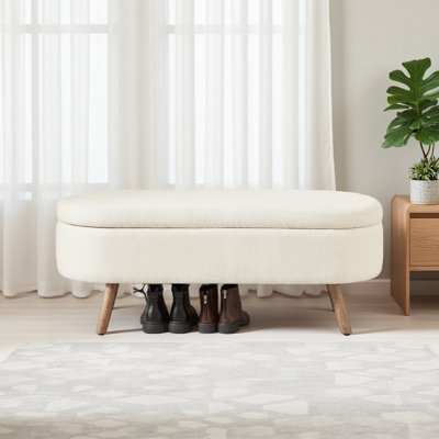 Luxury Oval Boucle Storage Ottoman Bench With Wood Legs 350Lb Weight Capacity & Safety Hinge, For Living Room