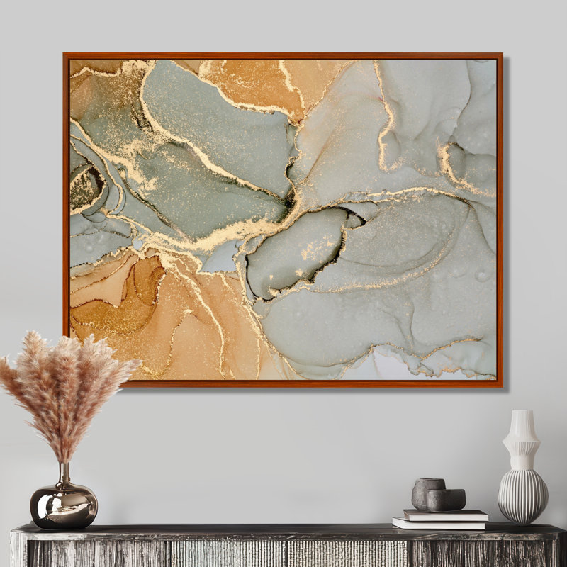 «Brown Luxury Abstract Fluid IV», peinture sur toile, H 24 po x l 32 po, Reproduction avec cadre flottant, Brun