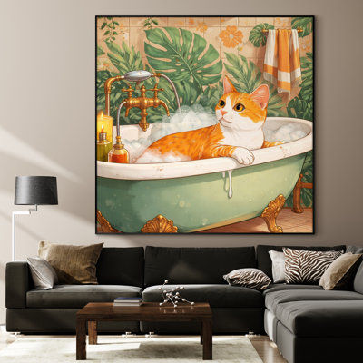 Très grand reproduction d'art sur tissu - Chat mignon orange dans une baignoire spa rétro pour salle de bain - "Assemblage requis du cadre (cadre non fini)"