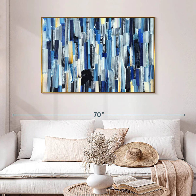 Rayé bleu abstrait, 46 po x 31 po, Cadre flottant doré