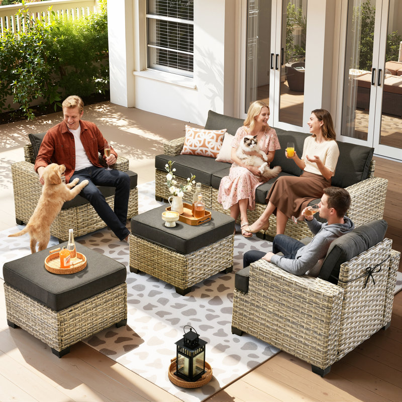 7-piece Outdoor Wicker Sectional Sofa Set with Ottomans, Cushions, Patio Conversation Furniture for Garden & Backyard, Black