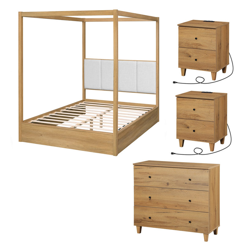 Lysiane 4 Pieces Bedroom Furniture Set, Queen Size Solid Wood Canopy Bed, 3-Drawer Dresser And 2 Nightstands