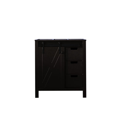 Meuble-lavabo brun de 30 po de largeur avec tiroirs à fermeture en douceur et tablette ouverte, une armoire, trois tiroirs, un espace de rangement, une structure en bois massif, du contreplaqué E0, un meuble d'installation pré-assemblé, un meuble-lavabo,