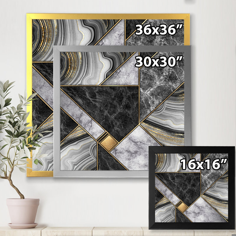 Marate granite agate avec touches dorées - impression sur toile, H 30 po x l 30 po x P 1 po, Encadrement argenté