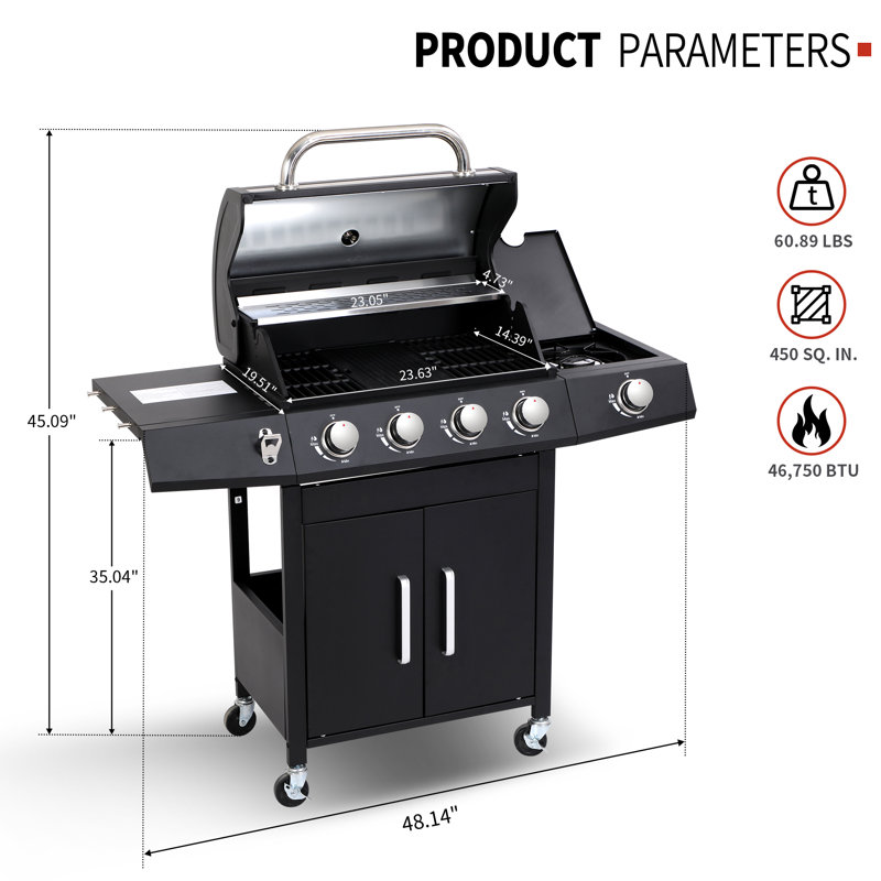Barbecue au propane à 4 brûleurs de 46 750 BTU avec brûleur latéral (version améliorée)