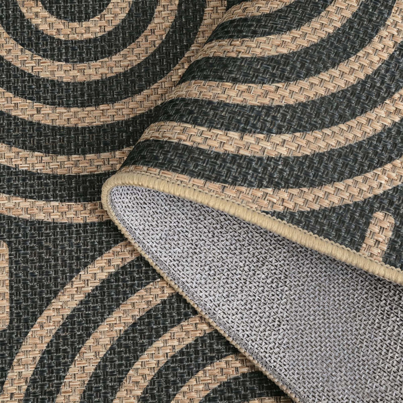 Tapis intérieur / extérieur à motif géométrique abstrait aspect jute, Noir, 2*6ft