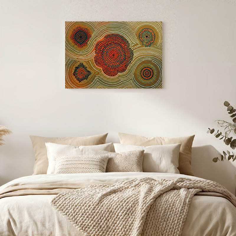 Peinture abstraite à pois avec tons terreux et lignes ondulées, H 12 po x l 18 po