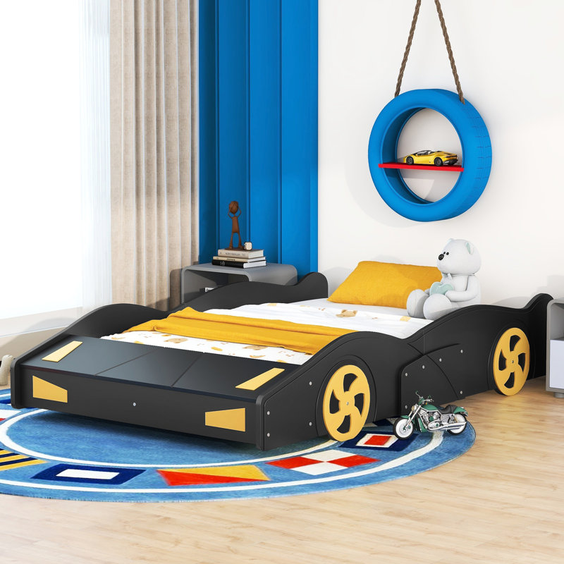 Lit plateforme de voiture de course confortable avec structure et rangement en bois au design attrayant, Noir