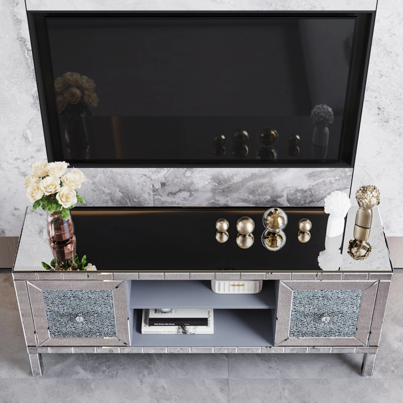 60" Mirrored TV Stand With Crushed Diamond Glass Doors - Modern Media Entertainment Center For Living Room, Adjustable Storage TV Console Table For 65-Inch TV