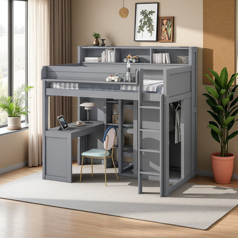 Lit mezzanine avec plusieurs tablettes de rangement et garde-robe, Gris