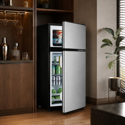 Rolipo 3.2 Cu. Ft. 2-Door Mini Fridge with Separate Top Freezer, Glass Shelves, LED Interior Light, Silver | Fridge.com