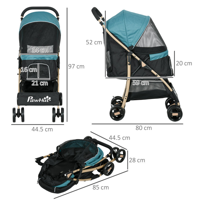 Foldable Pet Stroller for XS and S with Rain Cover, Blue/Black