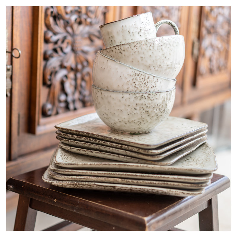Rustico Cream Glazed Ceramic Square Dinnerware Set, Service for 4