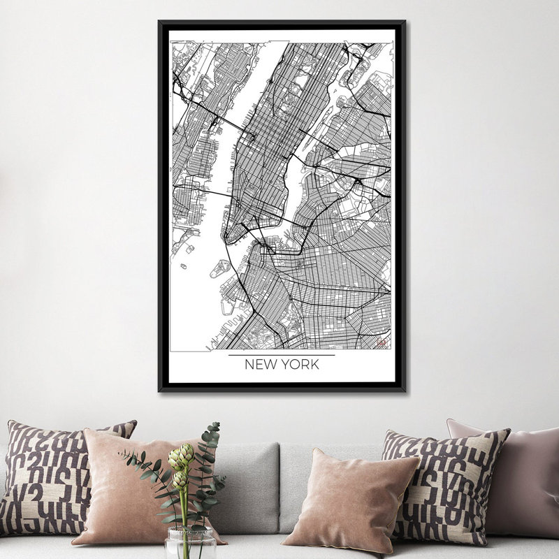 «New York Minimal Urban Blueprint Map», impression sur toile, Toile avec cadre noir, H 48 po x l 32 po x P 1,5 po