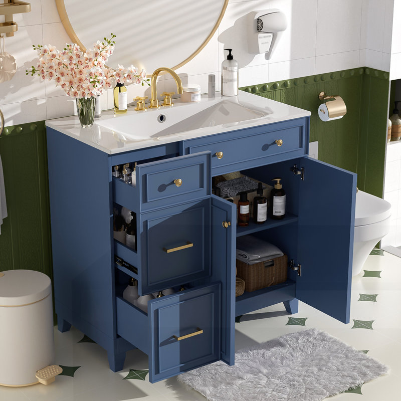 Meuble-lavabo 36 po avec lavabo en céramique, Bleu