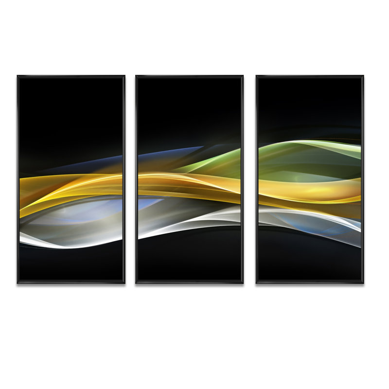 Or, lignes droites jaunes dorées - ensemble de 3 toiles abstraites encadrées sur toile, H 28 po x l 36 po x P 1 po