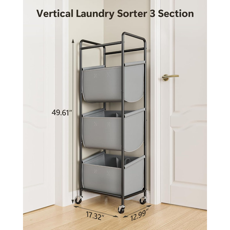 3 Section Laundry Sorter With Removable Bags, 120L Rolling Vertical Laundry Hamper, Stackable Laundry Baskets Organizer For Bathroom, Apartment, Dorm