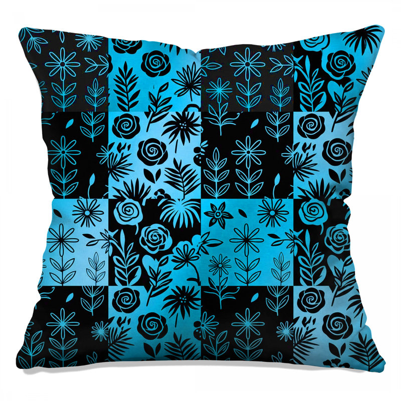 Blue Black Floral Pattern Double Sided Throw Pillows, 16 x 16 inches