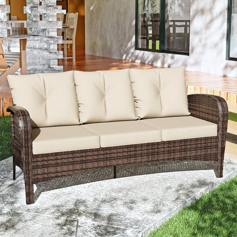 3-person Patio Rattan Sofa With Wide Armrests, Beige