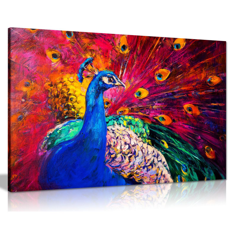 Coloured Peacock - Wrapped Canvas Print, 20cm H x 31cm W