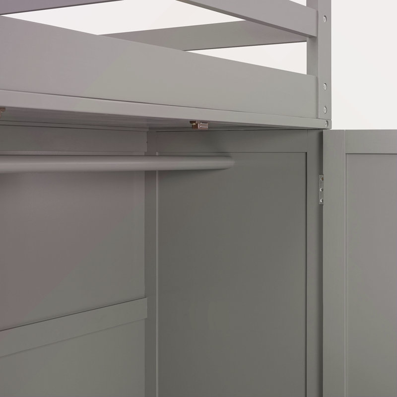 Lit mezzanine simple avec tiroirs, bureau et garde-robe, Gris