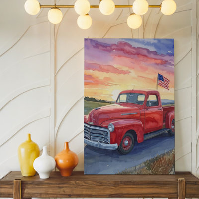 Canvas Wall Art Red Vintage Pickup Watercolor Patriotic Sunset Drive Ready To Hang Gallery Wrapped Home Decor Modern Design Premium Quality