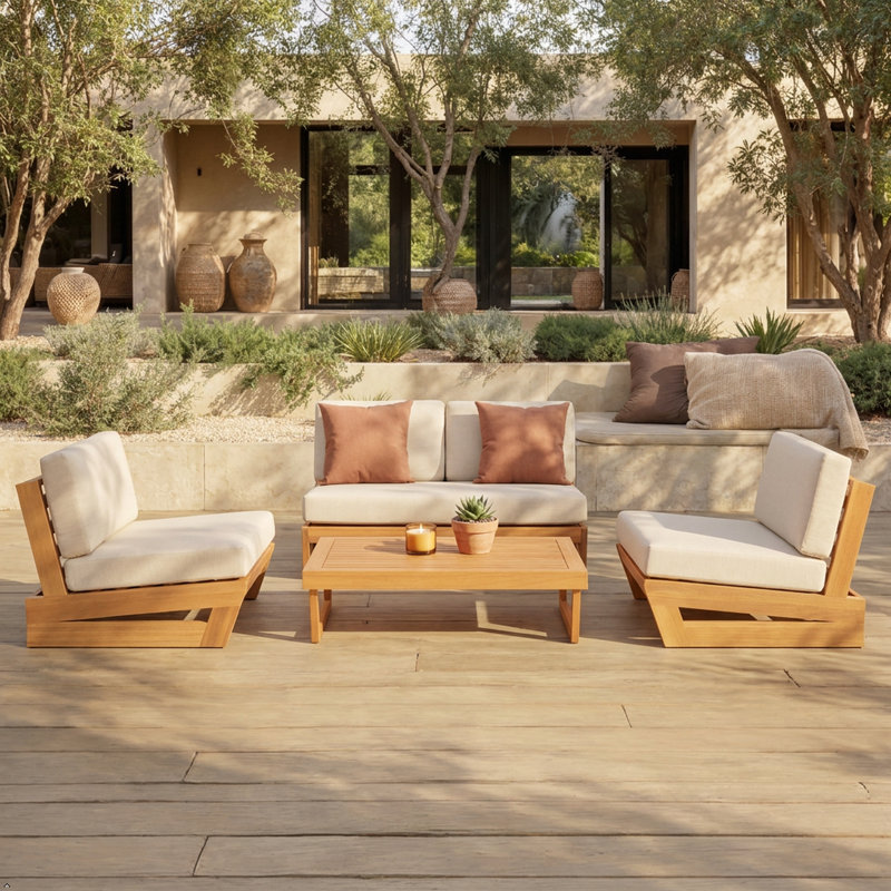 Ensemble de conversation Askel pour patio 4 personnes en eucalyptus avec coussins