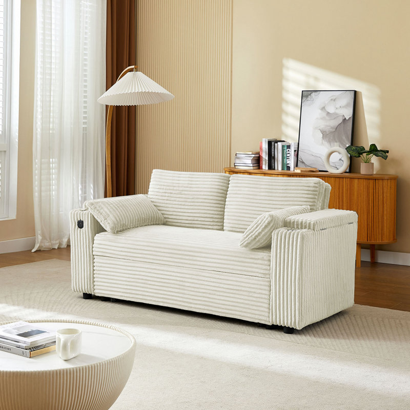 Canapé-lit avec causeuse avec accoudoirs de rangement et port USB, Beige