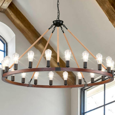 Lustre rustique en bois à roulettes - Luminaire rond de style campagnard pour salon, salle à manger, haut plafond avec chaîne réglable, certifié UL