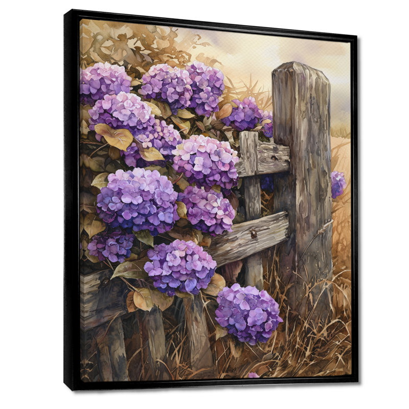 «Eady Hydrangeas By The Old Fence - Hydrangea Large, art mural», Noir, Reproduction avec cadre flottant, H 20 po x l 12 po