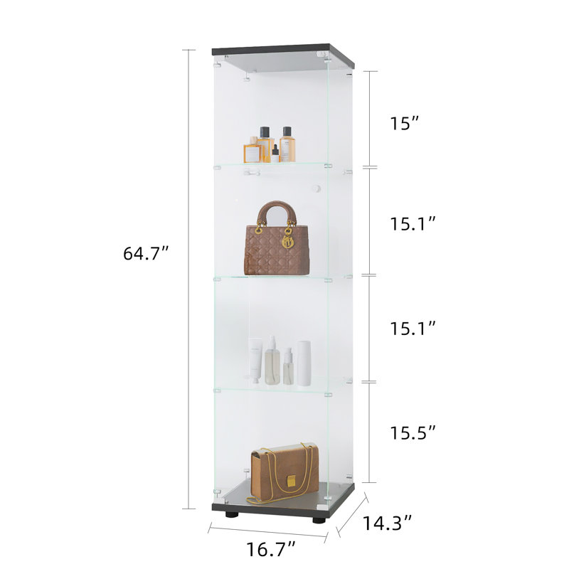 Vitrine DEL en verre à 4 tablettes avec porte et serrure
