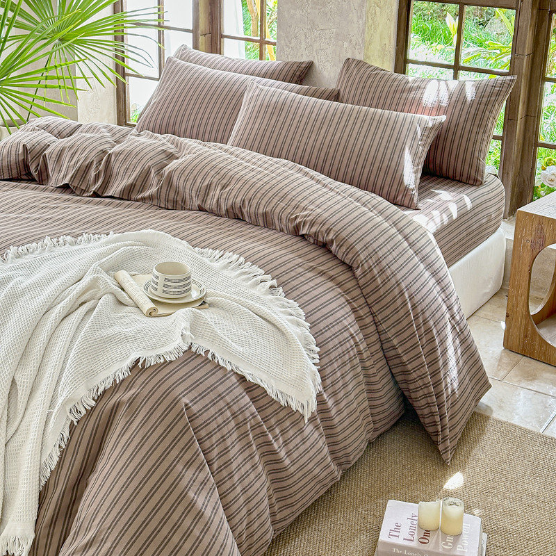 DONEUS Striped Duvet Cover Set 100% Washed Cotton Linen Like Soft Feelling Breathable Bedding, Light Brown/Black