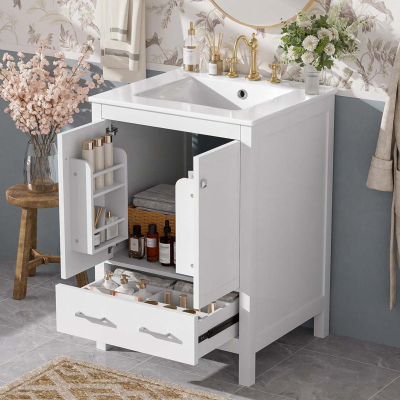 Meuble-lavabo de salle de bain avec lavabo en céramique avec 2 portes et 1 tiroir, Blanc